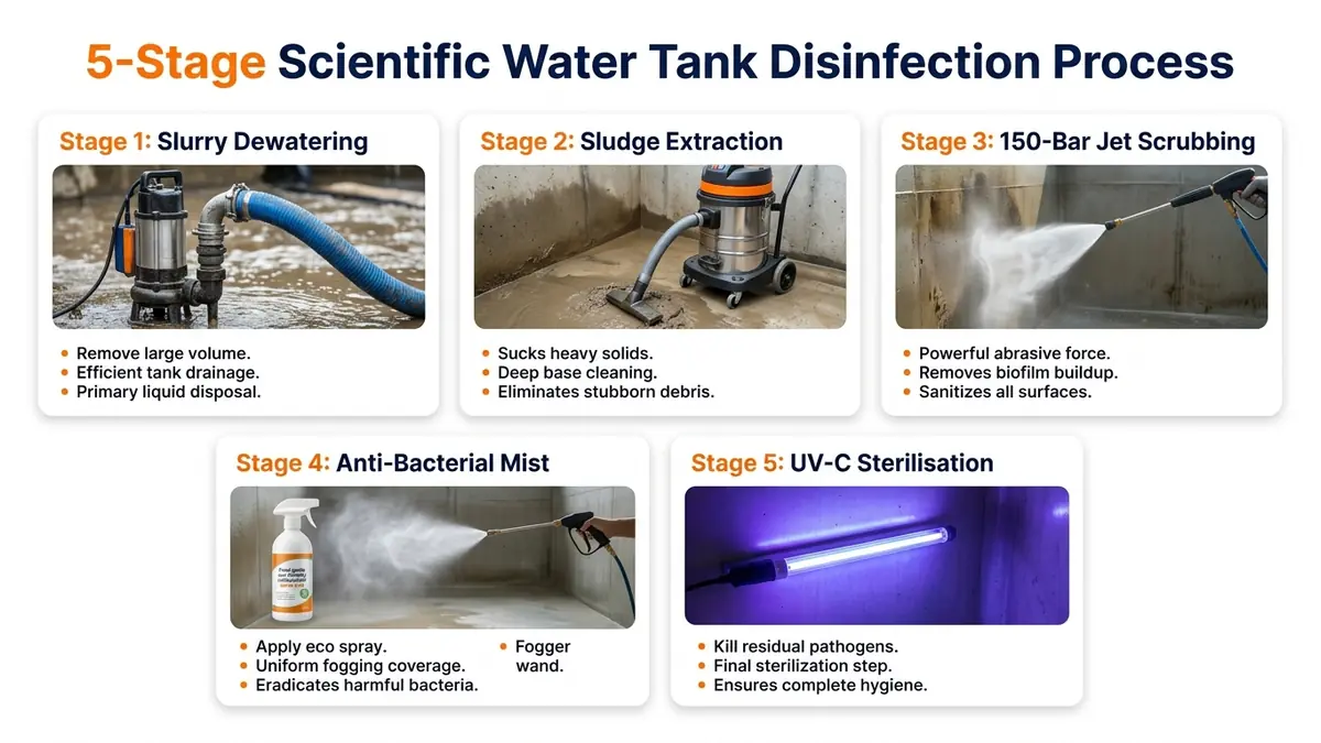The 5-Stage Scientific Water Tank Cleaning Process Infographic