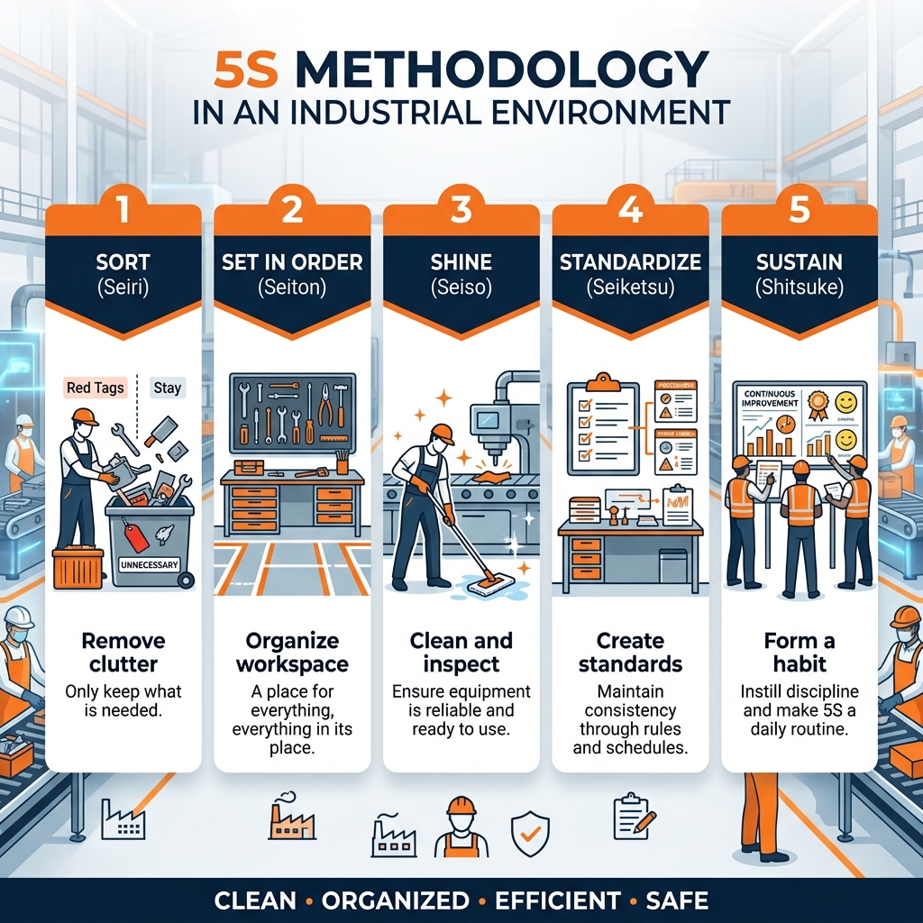 Seiri Seiton Seiso in manufacturing infographic