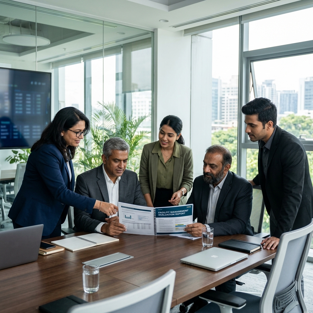 executives reviewing how to evaluate facility management AMC documents