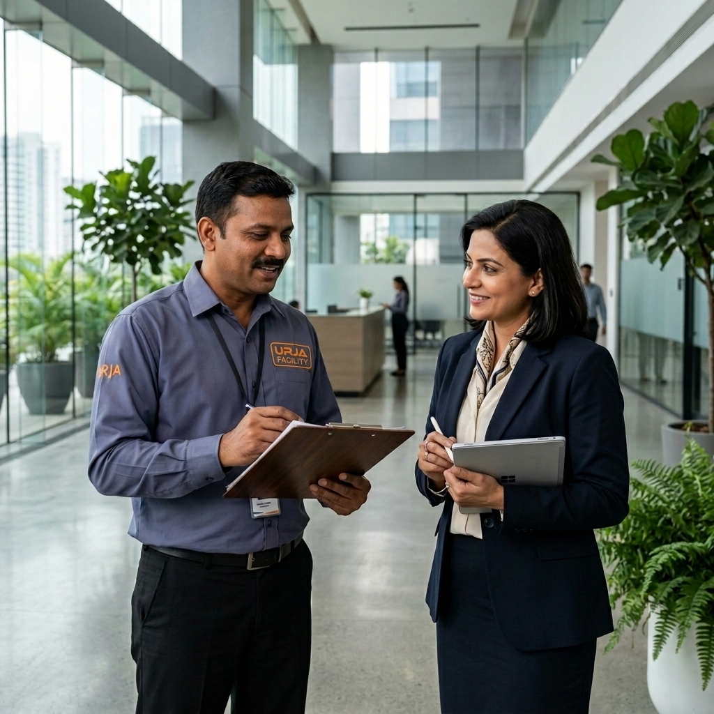 Urja Facility manager and client discussing facility management AMC cost in India