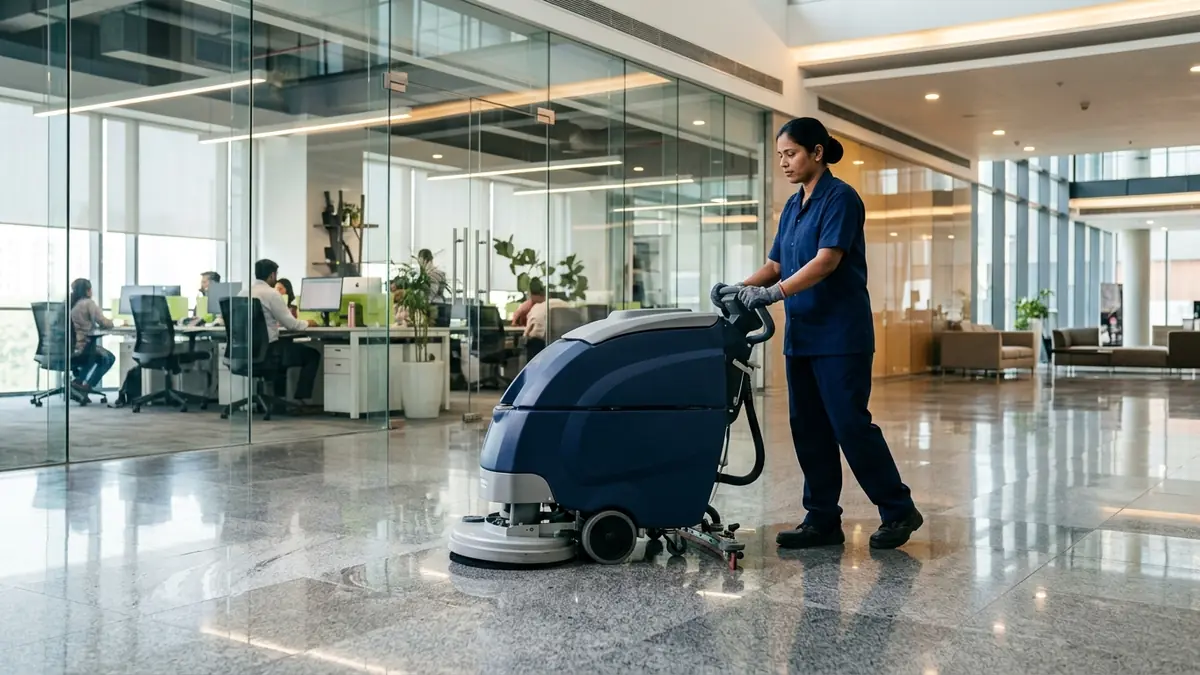 Professional facility management technician operating an automated walk-behind scrubber in a modern corporate office building
