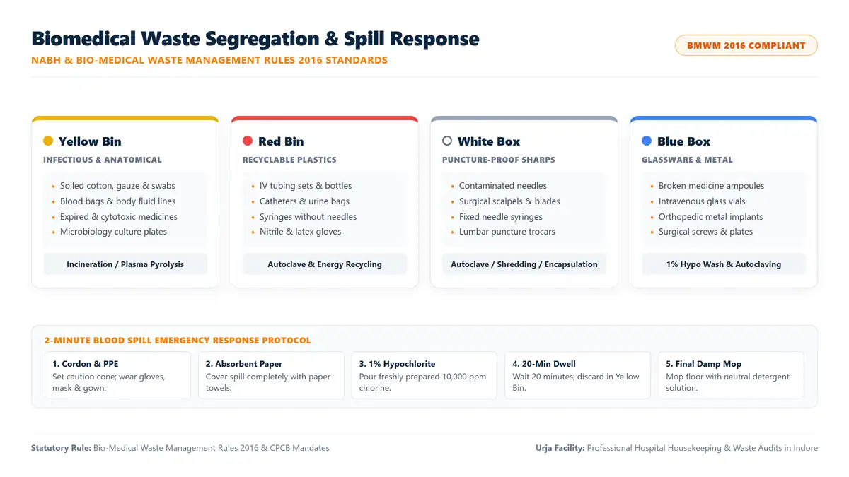 Biomedical waste segregation chart under BMWM Rules 2016 showing yellow, red, white and blue waste categories and 2-minute spill action