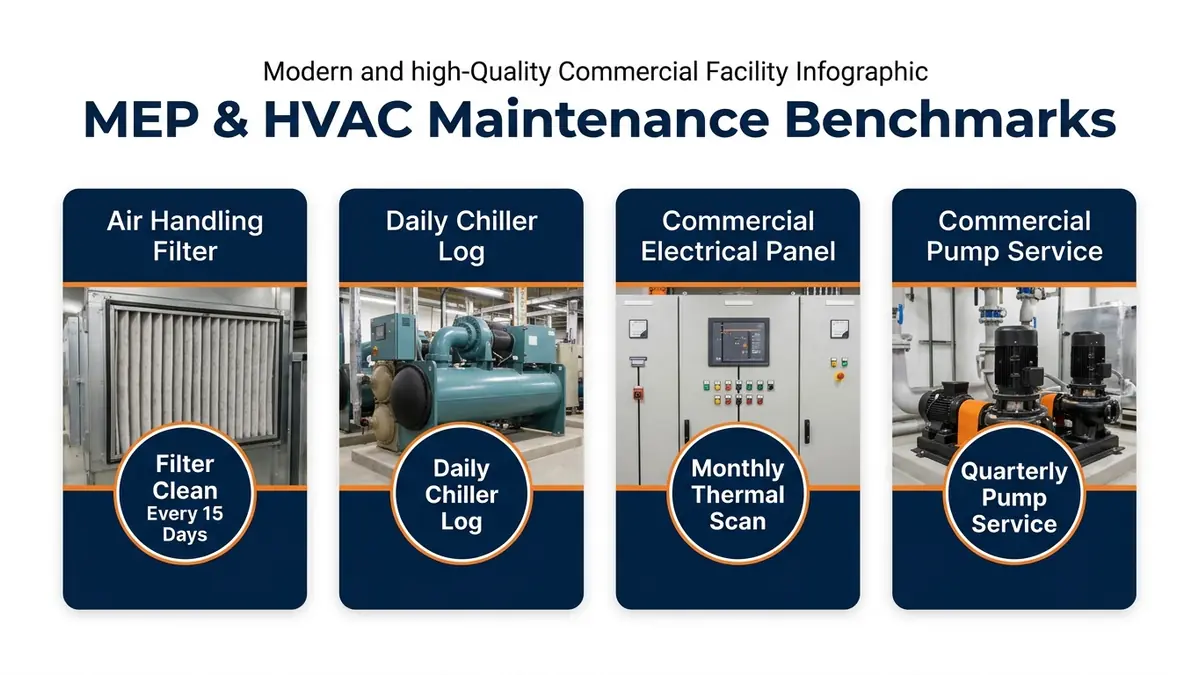 Commercial MEP and HVAC Maintenance Benchmarks Infographic displaying filter cleaning, chiller logs, electrical scans and pump service metrics