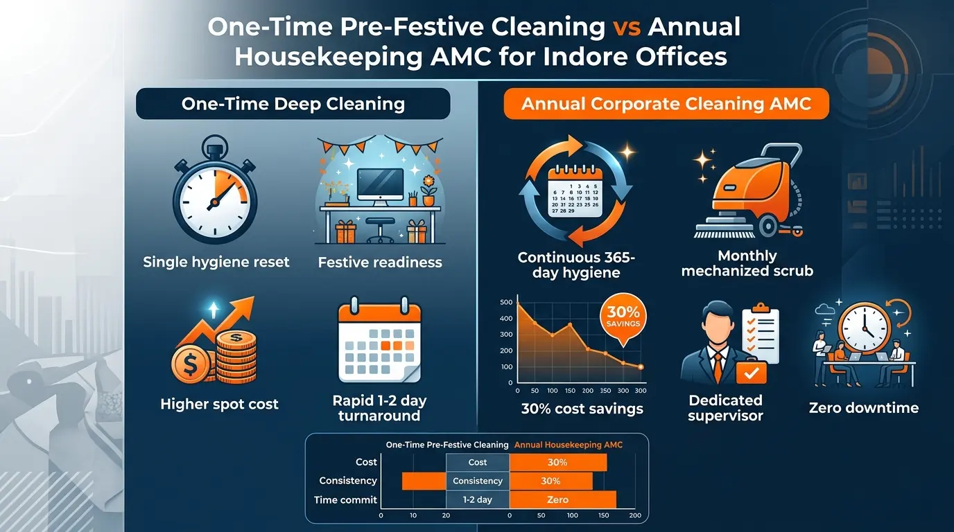 Infographic comparing one-time pre-festive cleaning versus annual housekeeping AMC for corporate offices in Indore with cost and ROI data