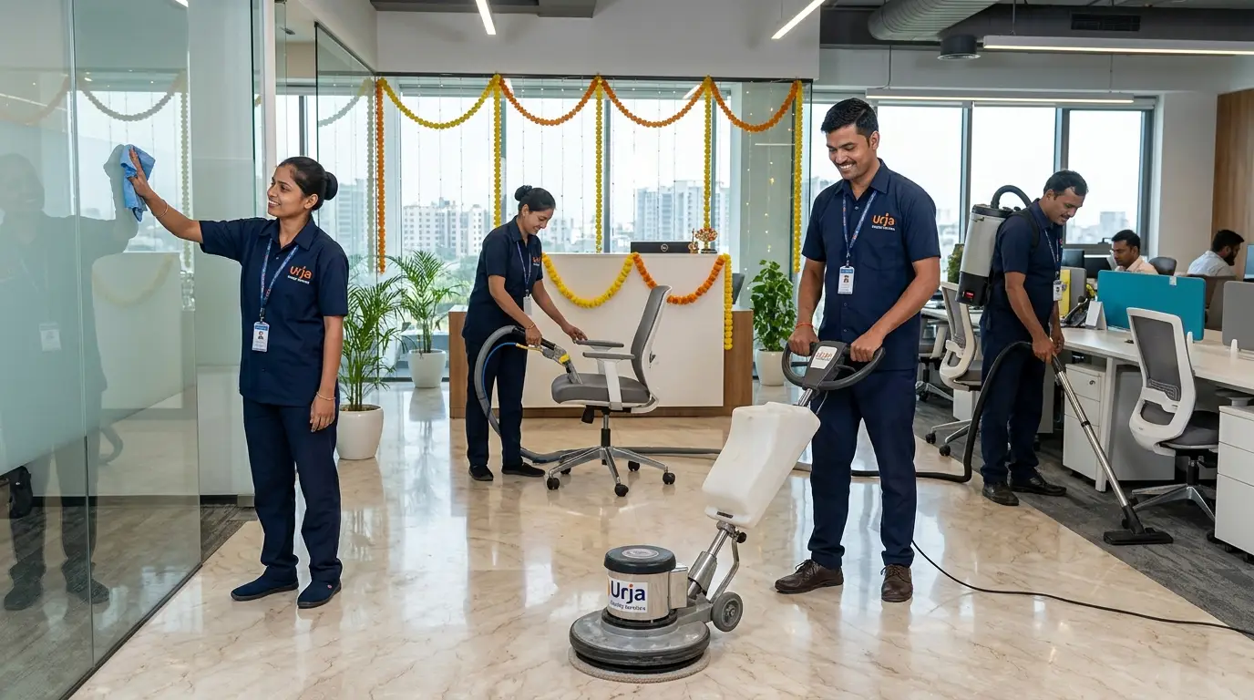 corporate office festive deep cleaning indore crew wearing branded Urja Facility uniforms with company logo polishing marble floors with single disc machine in a commercial tech workplace