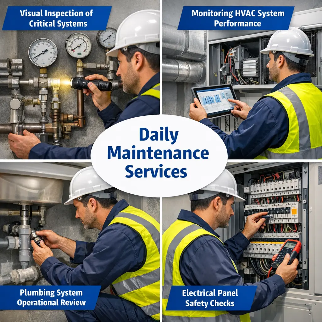 Daily AMC maintenance inspection by Urja Facility technician for HVAC, electrical and plumbing systems