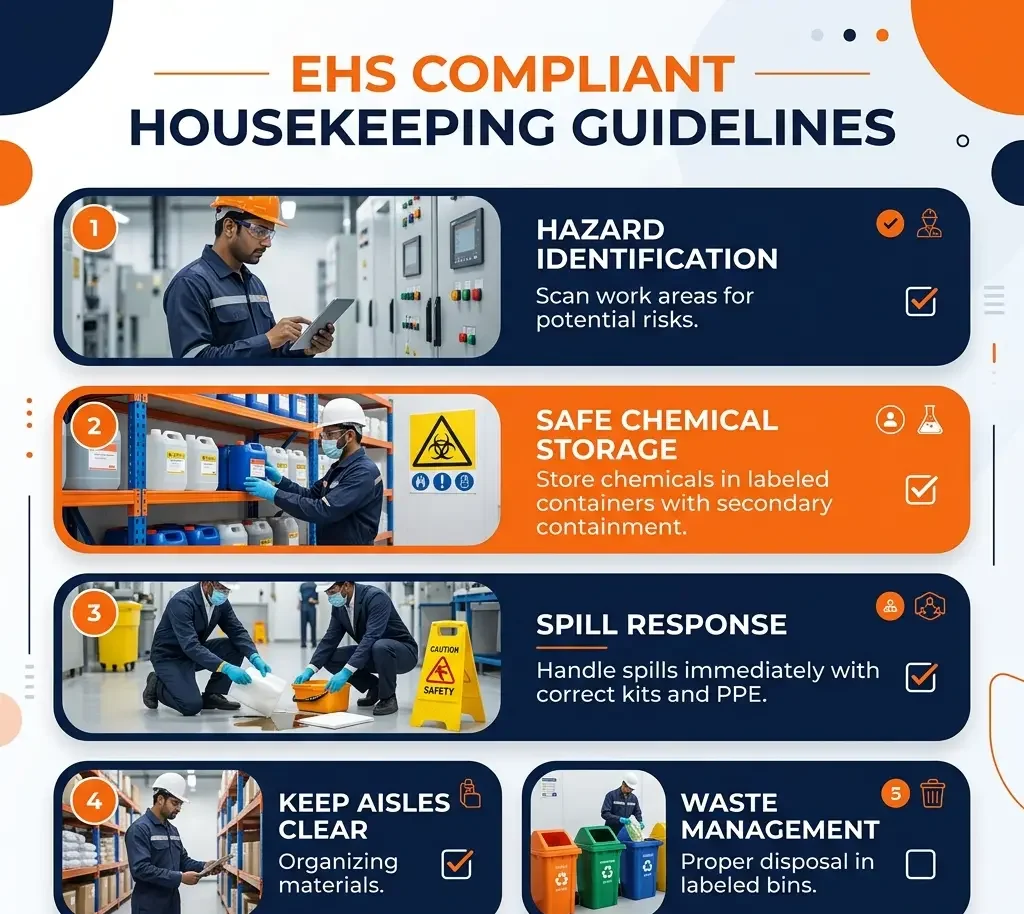 EHS compliant housekeeping guidelines showing spill response and hazard identification