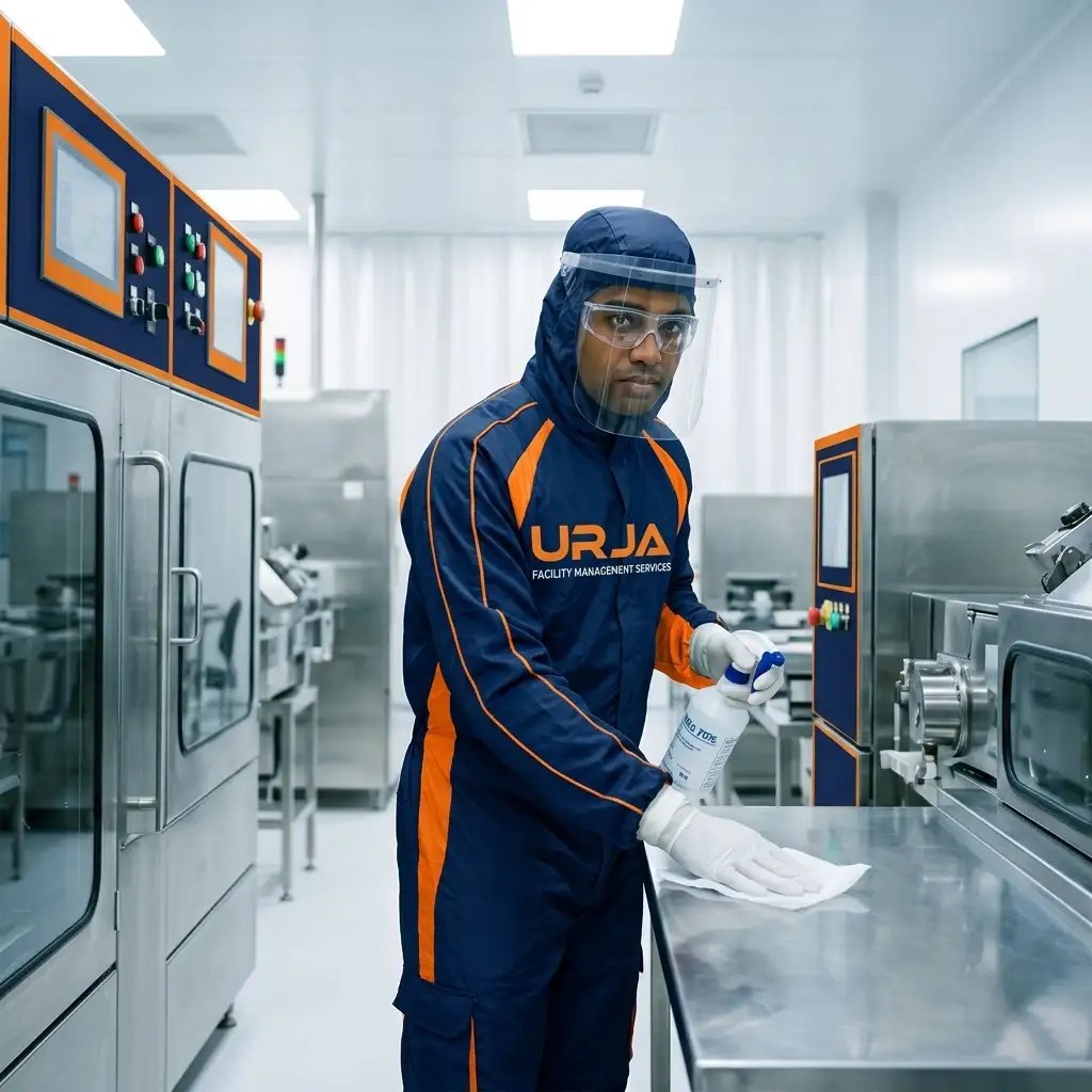A highly professional industrial cleanroom environment being meticulously sanitized by a worker in full sterile protective gear.