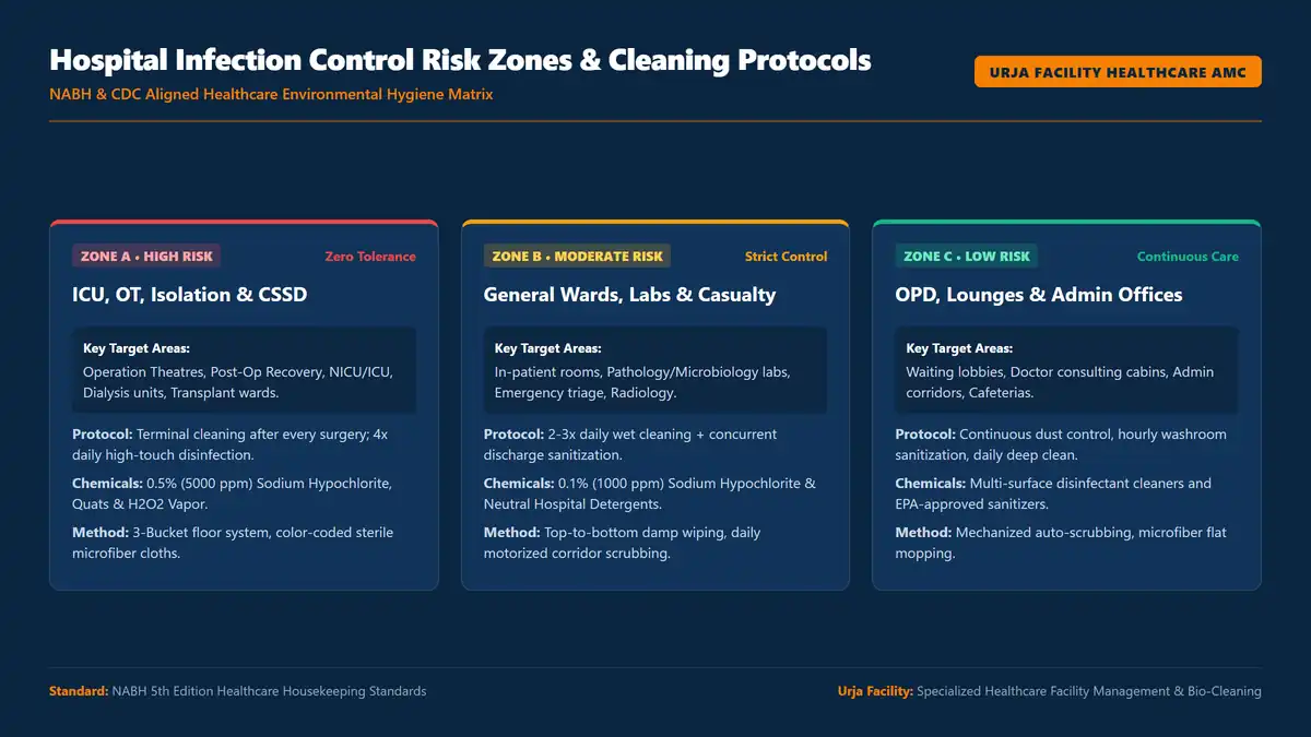 Hospital Infection Control Risk Zones and Cleaning Protocols Infographic showing Zone A, Zone B and Zone C specifications