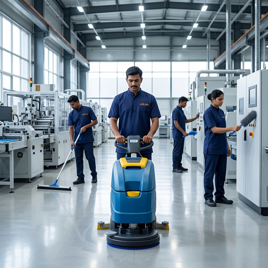 Urja Facility team performing mechanized cleaning as part of a guide to industrial housekeeping services in Indore.