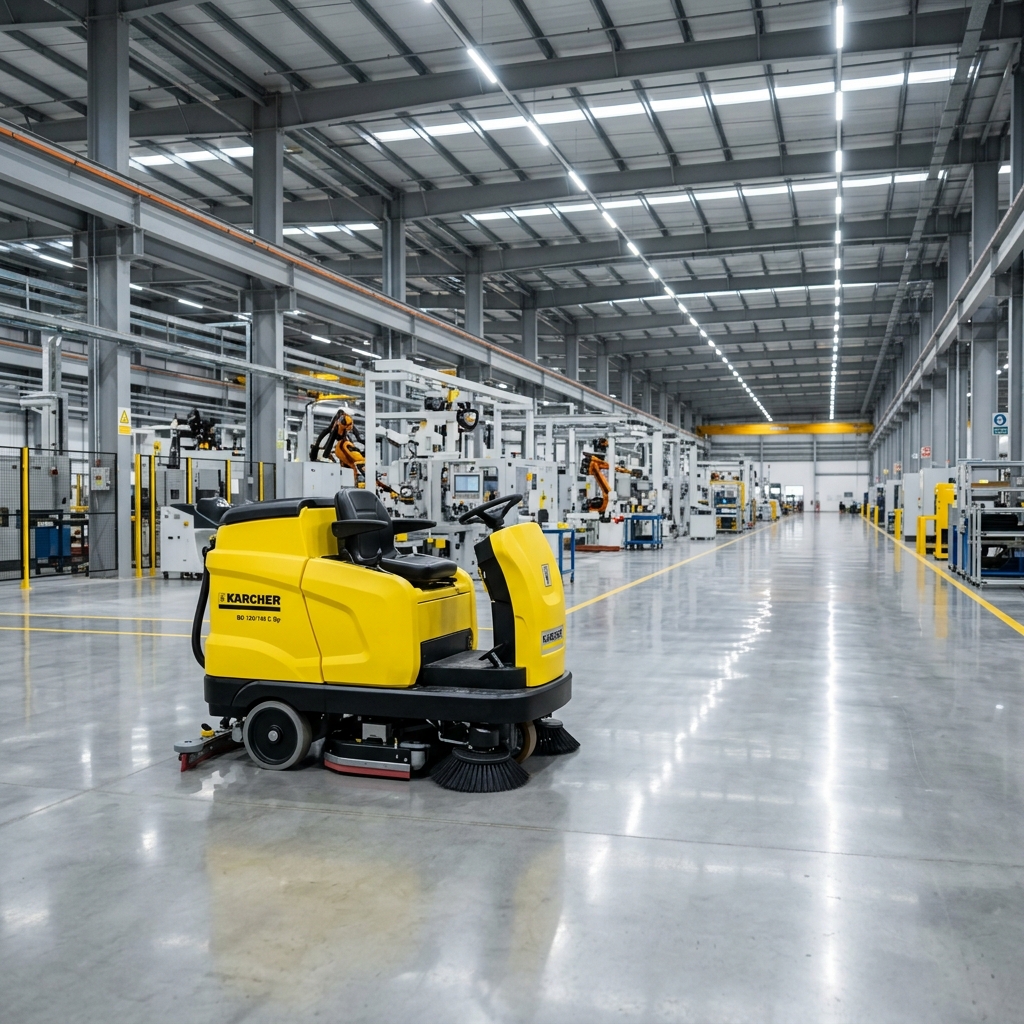 Professional ride-on floor scrubber machine being used for industrial cleaning in Indore