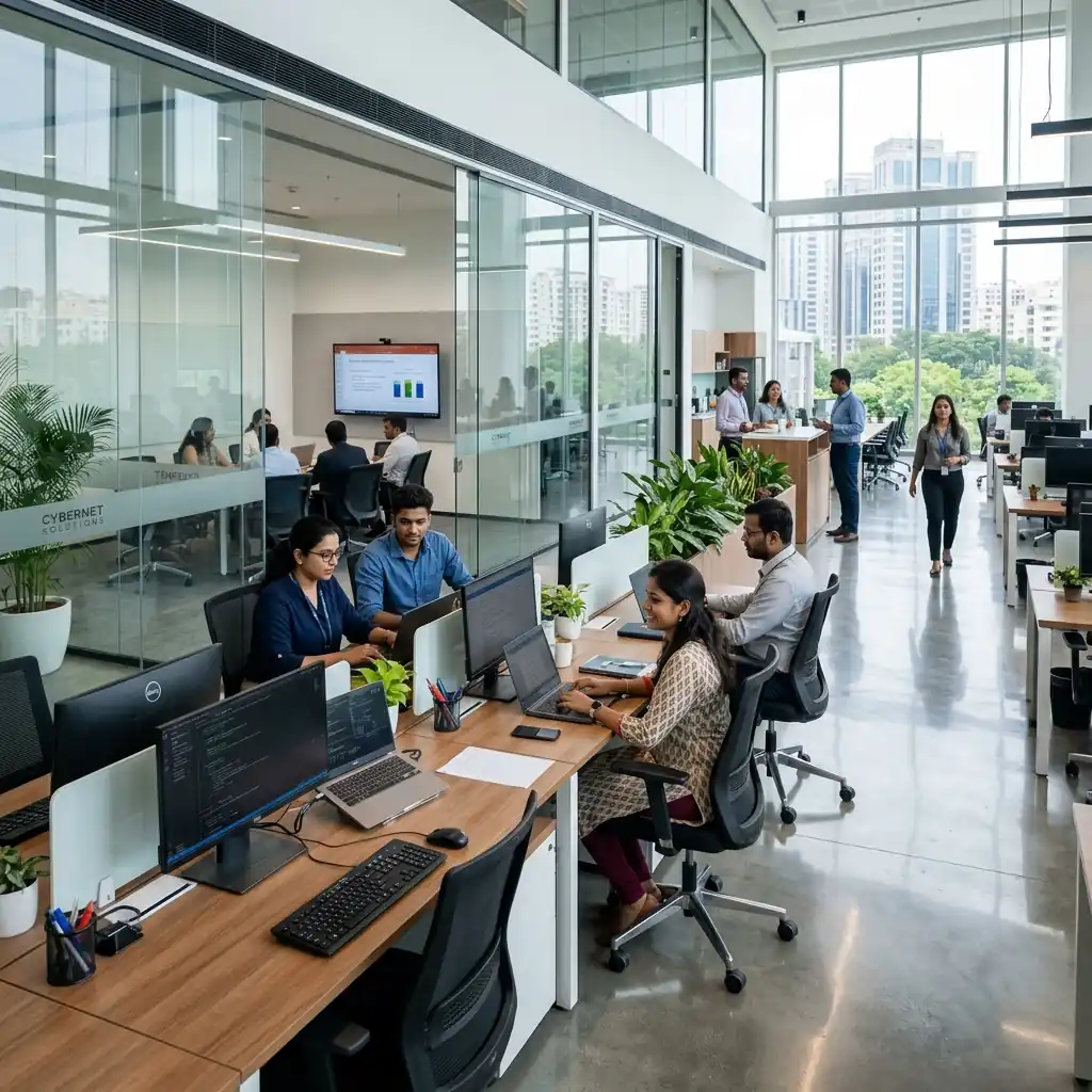 Modern IT company office space demonstrating pristine housekeeping standards with clean glass partitions and spotless floors.