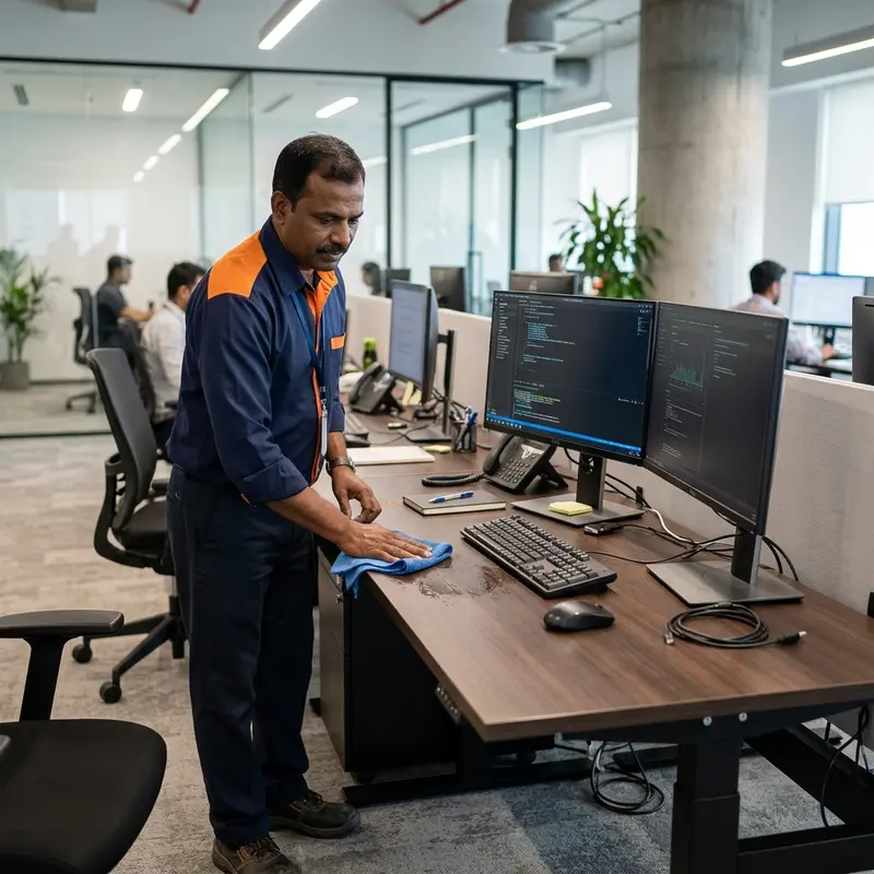 A realistic photograph of a professional Indian male housekeeping worker cleaning a modern IT office desk with a microfiber cloth.