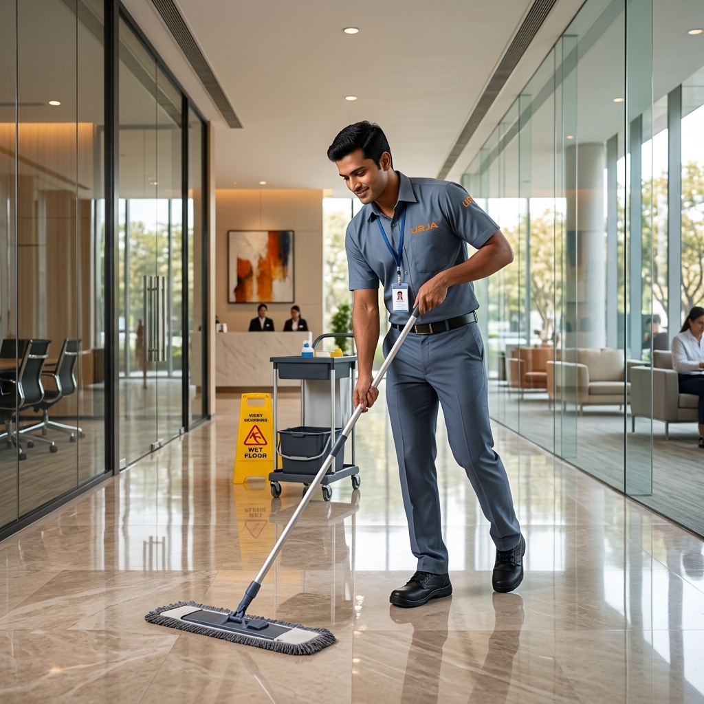 Urja Facility housekeeping professional in steel blue-grey uniform mopping a corporate office lobby corridor under AMC contract in Indore