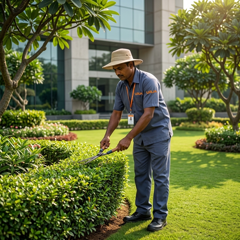 Urja Facility landscaping AMC worker in steel blue-grey uniform with sun hat tending corporate campus garden and greenery