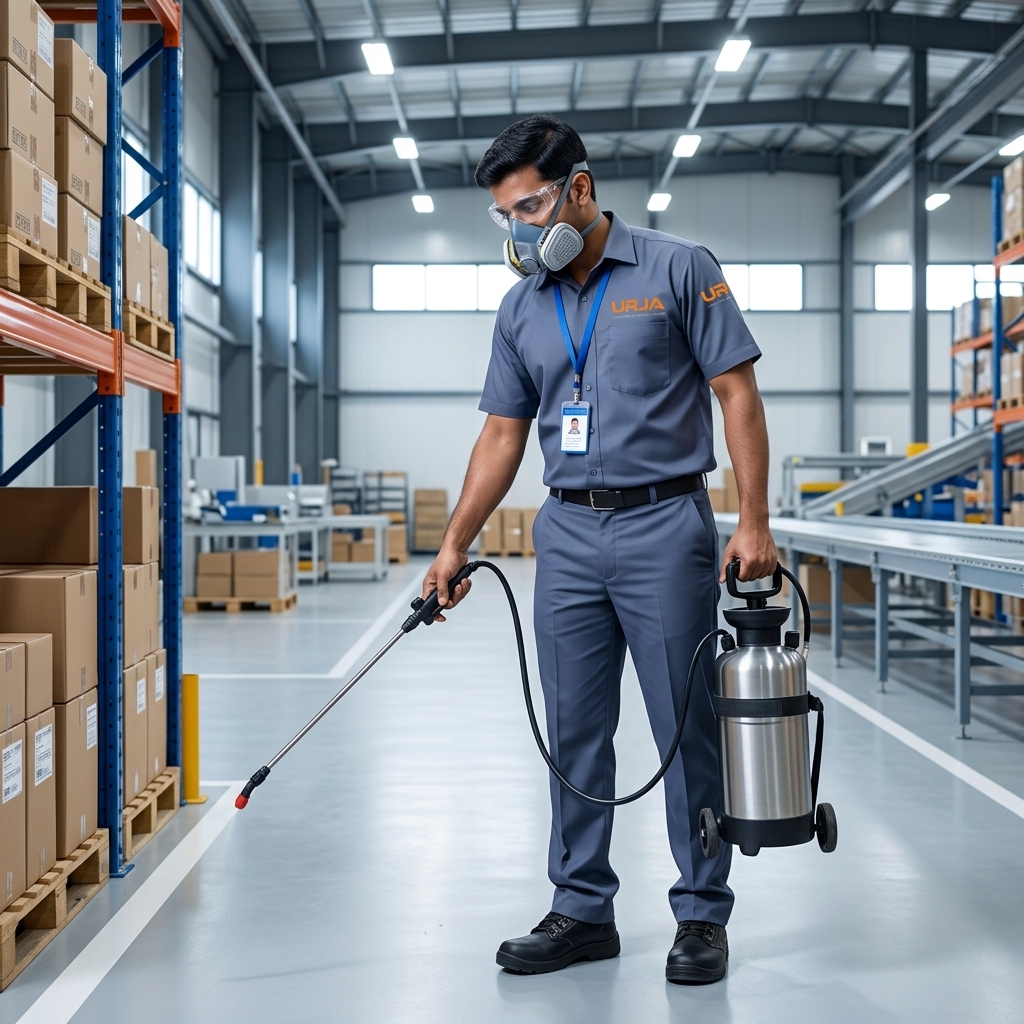 Urja Facility pest control AMC service technician in steel blue-grey uniform with respirator performing pest management at facility