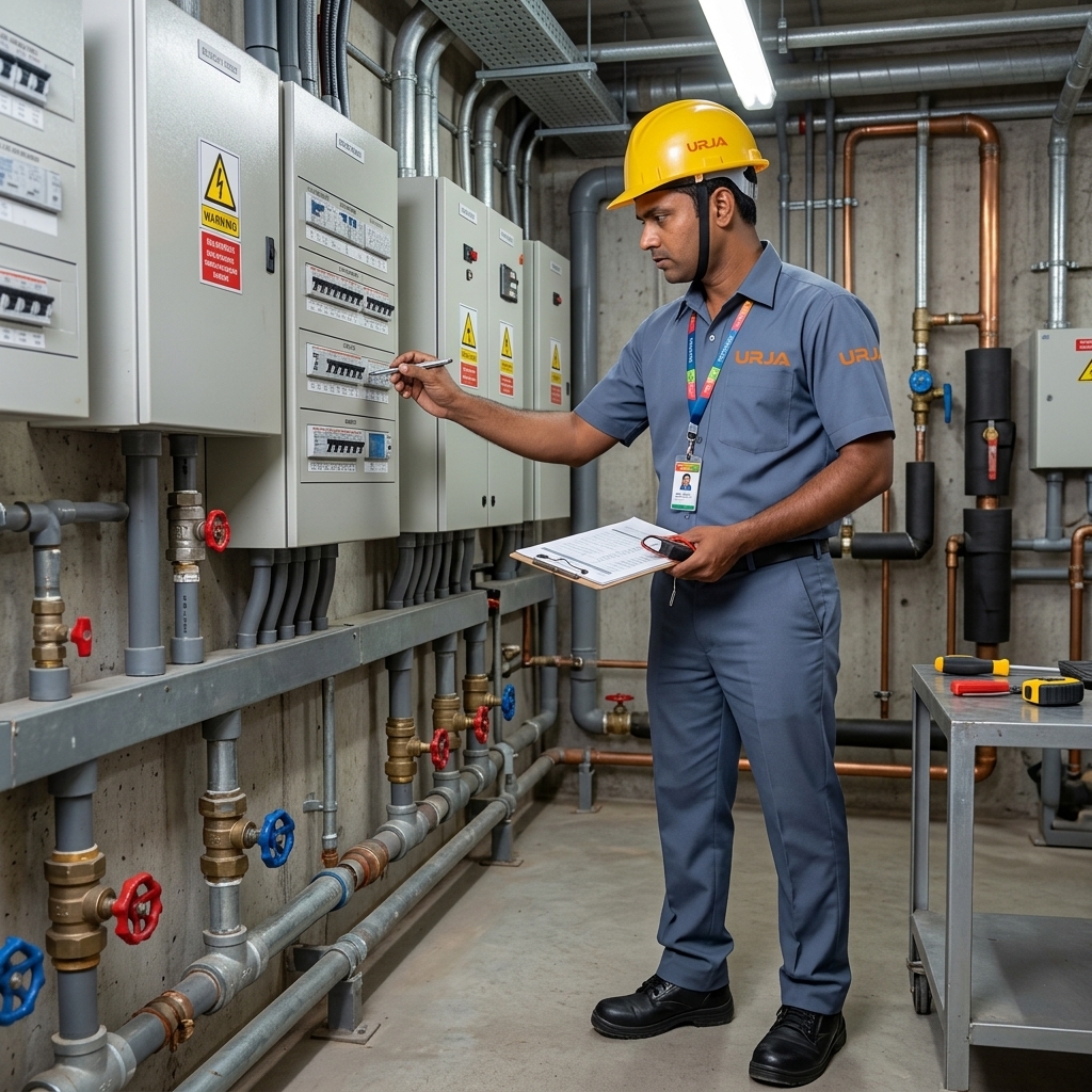 Urja Facility technical maintenance AMC worker in steel blue-grey uniform with yellow helmet inspecting electrical panel at commercial facility