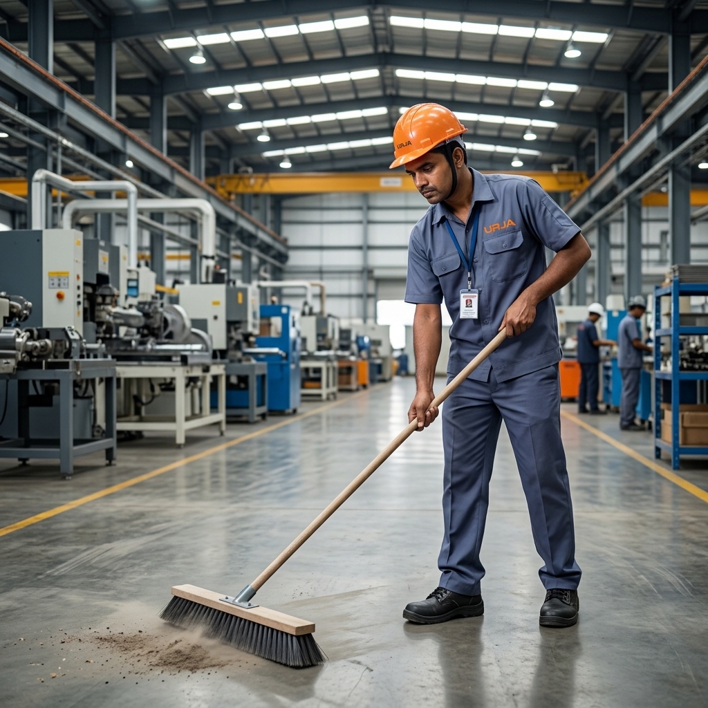 Urja Facility worker in steel blue-grey uniform with orange safety helmet sweeping industrial manufacturing plant floor under AMC contract in Indore