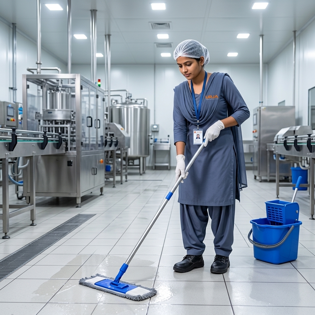 Urja Facility female worker in steel blue-grey salwar suit with chunari and hairnet mopping a hygienic food processing facility under AMC housekeeping in Indore