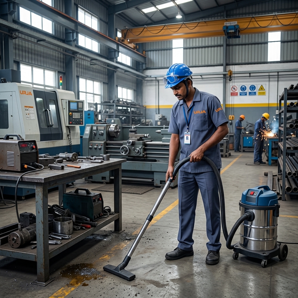 Urja Facility worker in steel blue-grey uniform with blue safety helmet cleaning heavy engineering workshop floor under AMC contract in Indore