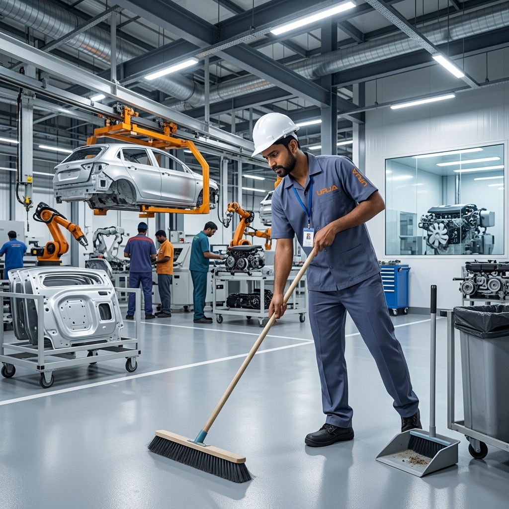 Urja Facility worker in steel blue-grey uniform with white safety helmet sweeping automobile manufacturing plant assembly area under AMC housekeeping in Indore