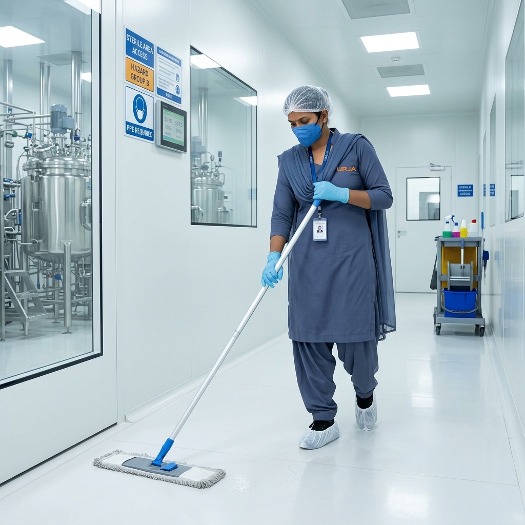 Urja Facility female worker in steel blue-grey salwar suit with mask and hairnet mopping pharmaceutical manufacturing corridor under AMC compliance in Indore