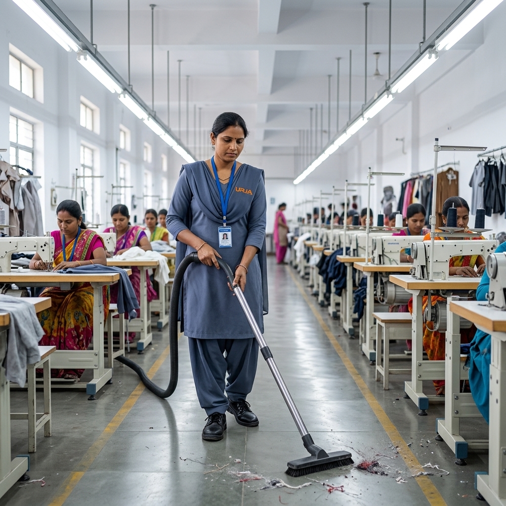 Urja Facility female worker in steel blue-grey salwar suit with chunari using industrial vacuum cleaner in textile garment factory under AMC housekeeping in Indore