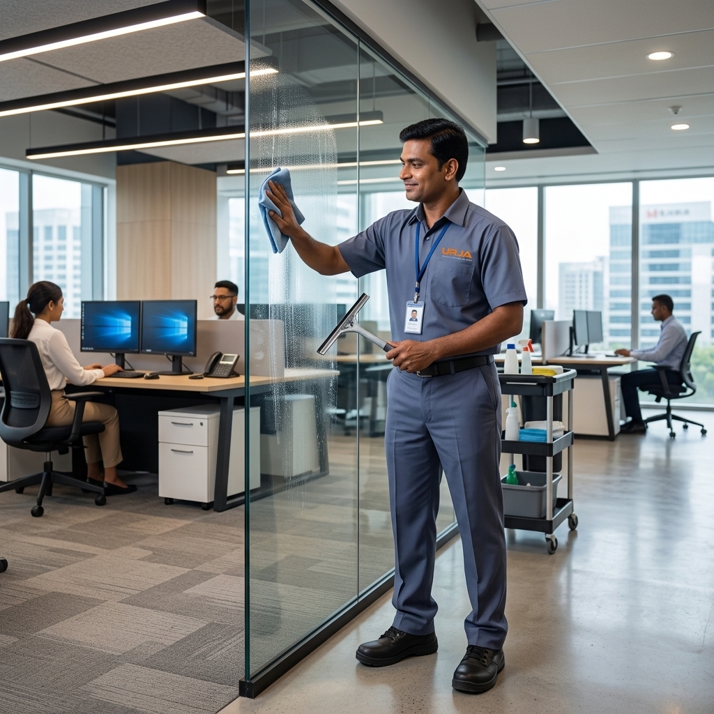 Urja Facility worker in steel blue-grey uniform cleaning glass partitions in modern corporate IT office under AMC housekeeping in Indore