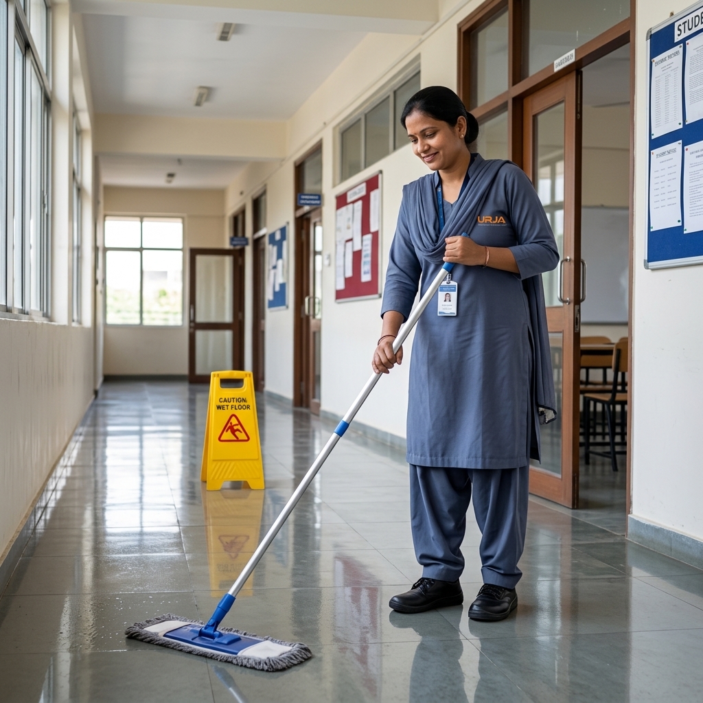 Urja Facility female worker in steel blue-grey salwar suit with chunari mopping school corridor under AMC housekeeping for educational campuses in Indore