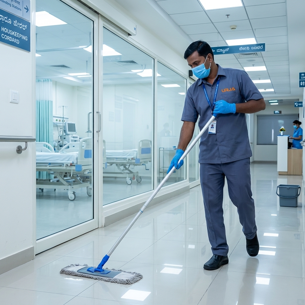 Urja Facility worker in steel blue-grey uniform with face mask mopping hospital corridor under infection-control AMC housekeeping in Indore