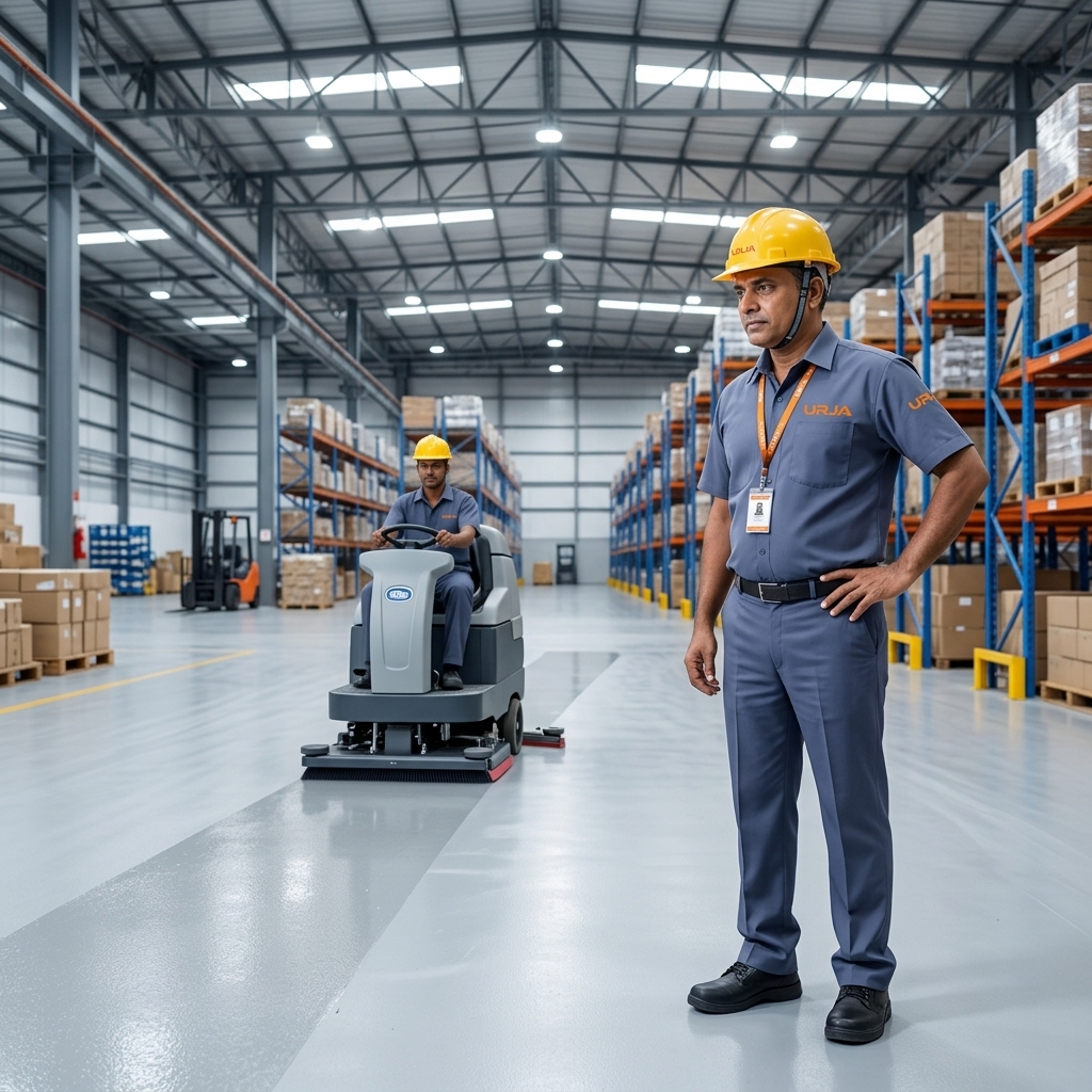 Urja Facility housekeeping supervisor in steel blue-grey uniform with yellow safety helmet overseeing mechanized floor scrubber in industrial warehouse under AMC contract