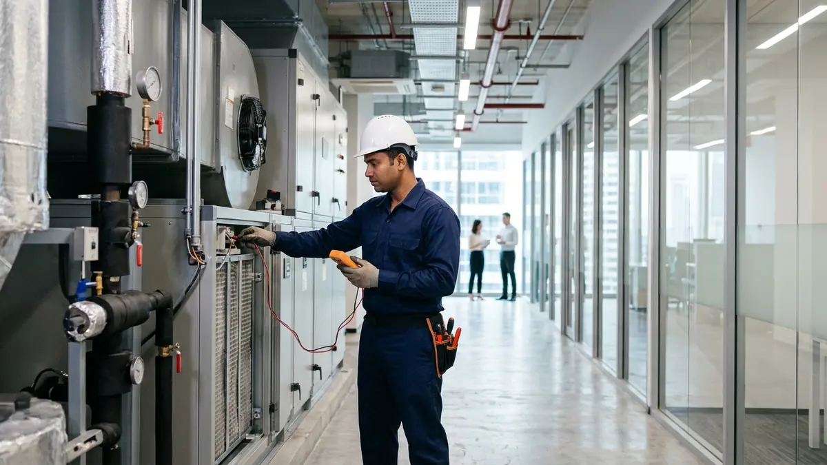 Certified Indian facility engineer in clean uniform and safety helmet inspecting commercial HVAC air handling unit in a modern corporate office building