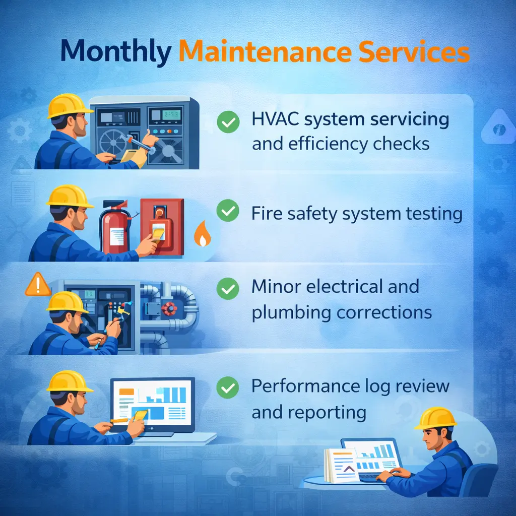 Monthly hard technical services AMC maintenance by Urja Facility — HVAC servicing and fire safety testing in Indore