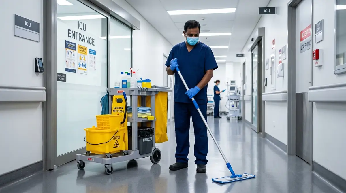 Professional healthcare housekeeping attendant wearing plain blue scrubs, mask and gloves with infection control cart in a clean NABH hospital ICU entrance