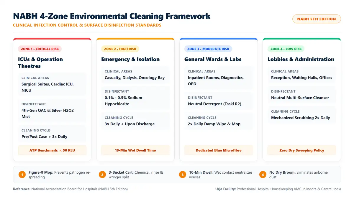 NABH 5th Edition 4-zone hospital environmental cleaning protocol showing critical ICU, high risk, moderate risk and low risk hygiene rules