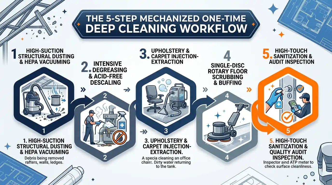 5-step mechanized one time deep cleaning workflow infographic