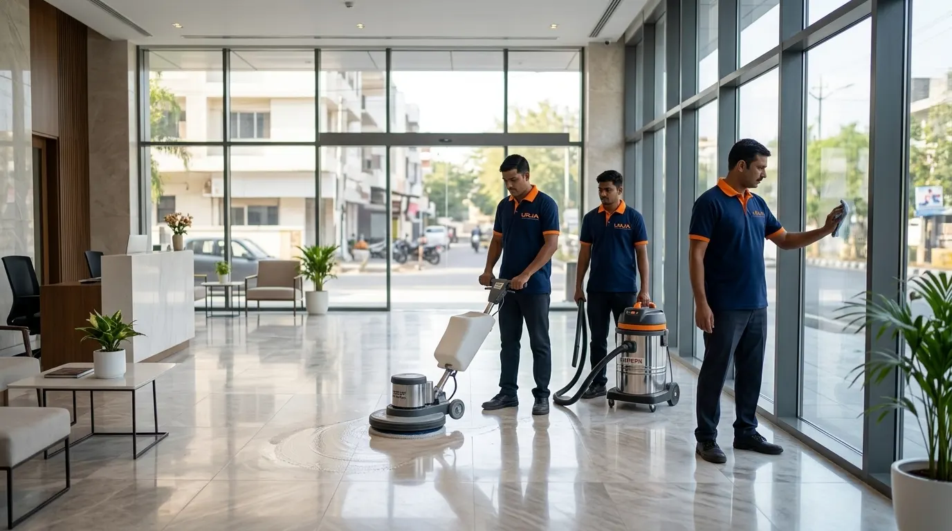one time deep cleaning services indore crew wearing branded urja uniforms using single disc scrubber and vacuum cleaner