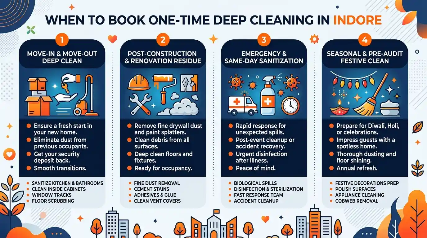 when to book one time deep cleaning in indore infographic showing 4 key scenarios