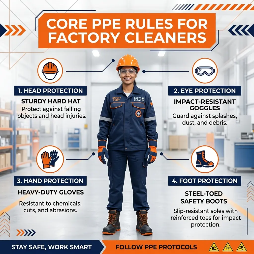 PPE rules for factory cleaners infographic showing hard hats, goggles, and steel-toed boots