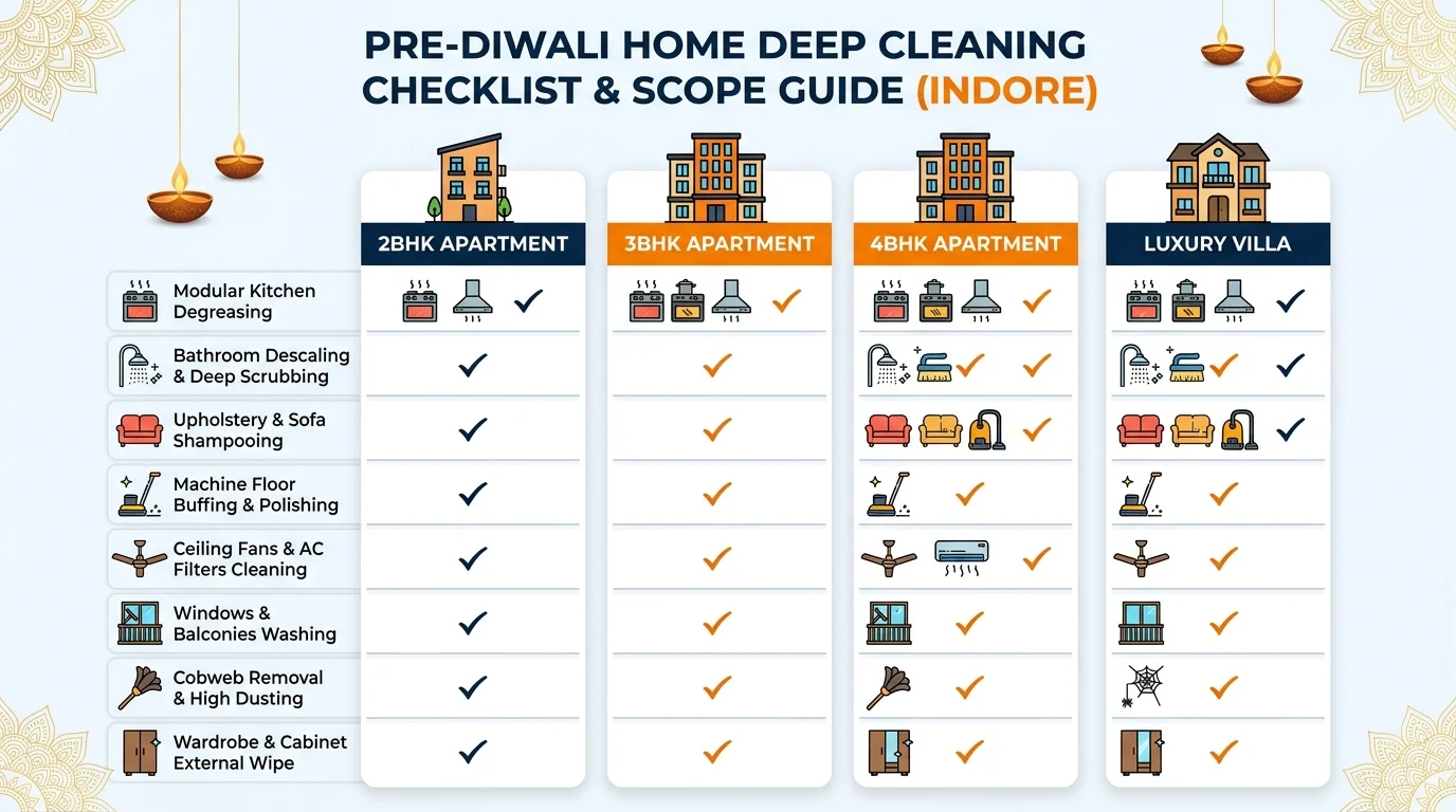 pre diwali home cleaning checklist and scope guide infographic comparing 2BHK 3BHK 4BHK and luxury villas in Indore