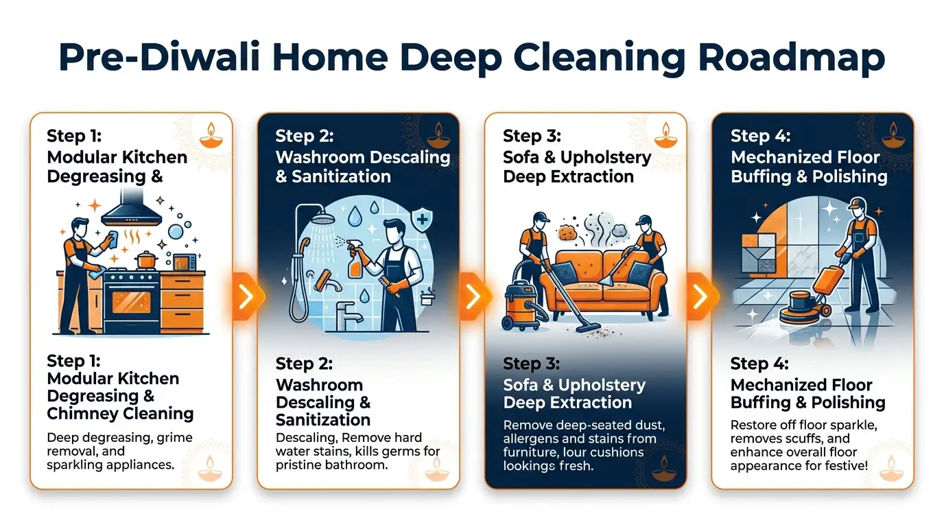 pre diwali home deep cleaning roadmap infographic showing 4 stage room by room process