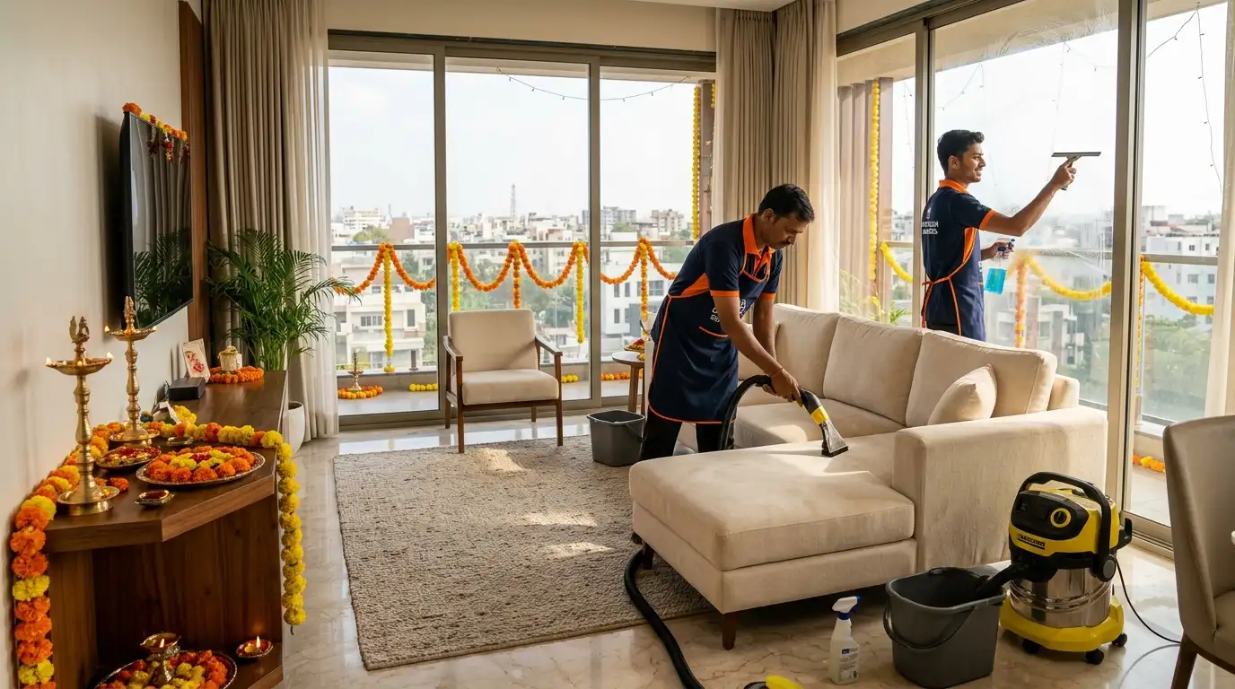 pre diwali home deep cleaning indore team deep scrubbing living room sofa and cleaning windows