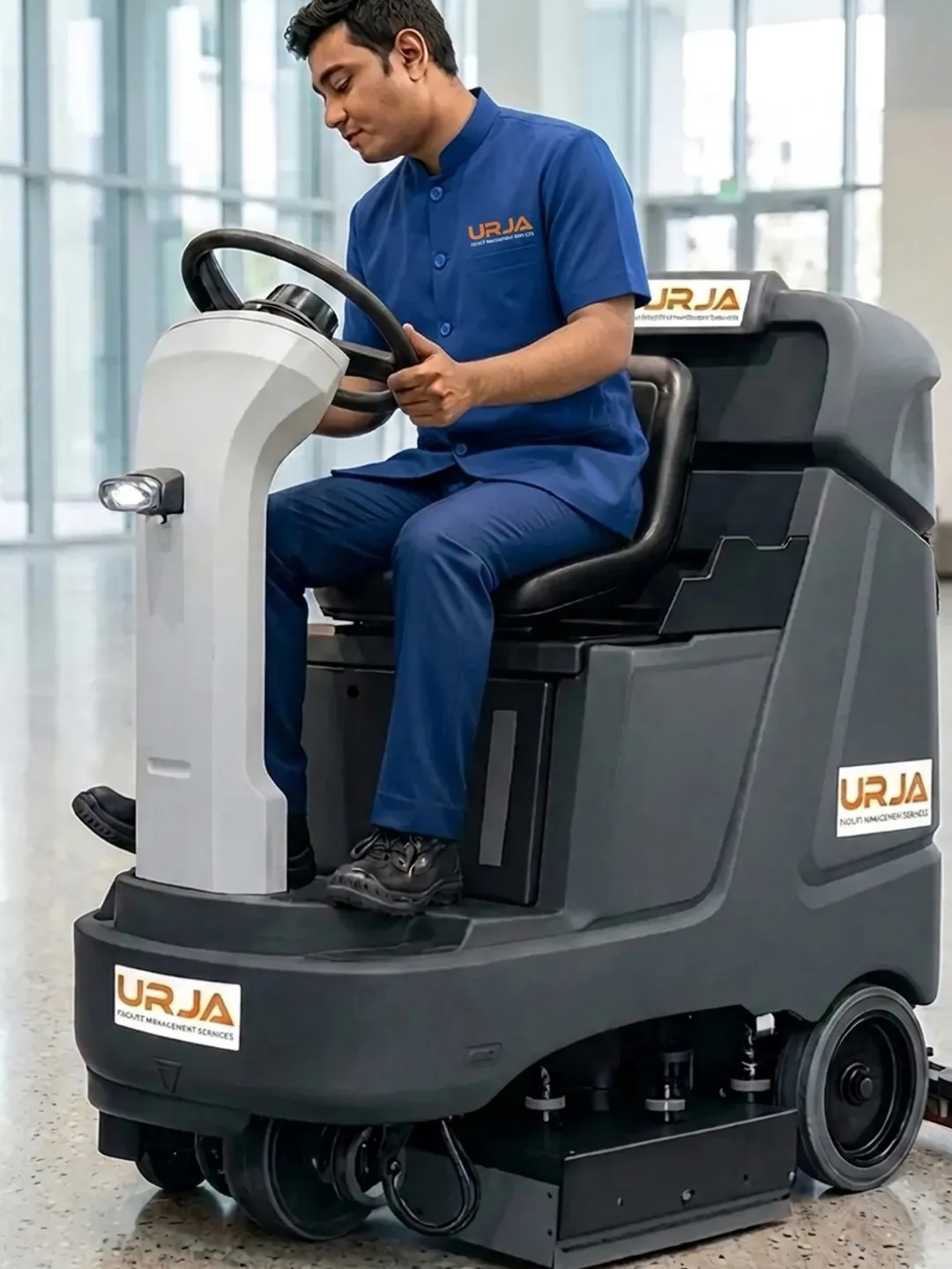 Urja Facility operator driving a ride-on floor scrubber machine for professional cleaning services