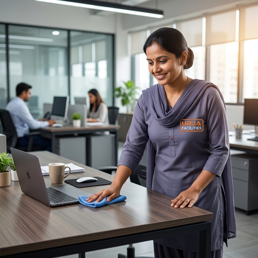Urja Facility professional woman cleaning technician in branded #606581 salwar suit uniform with URJ logo