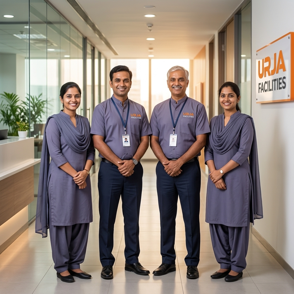 Urja Facility professional team in branded #606581 bandhgala and salwar suit uniforms with URJ logo