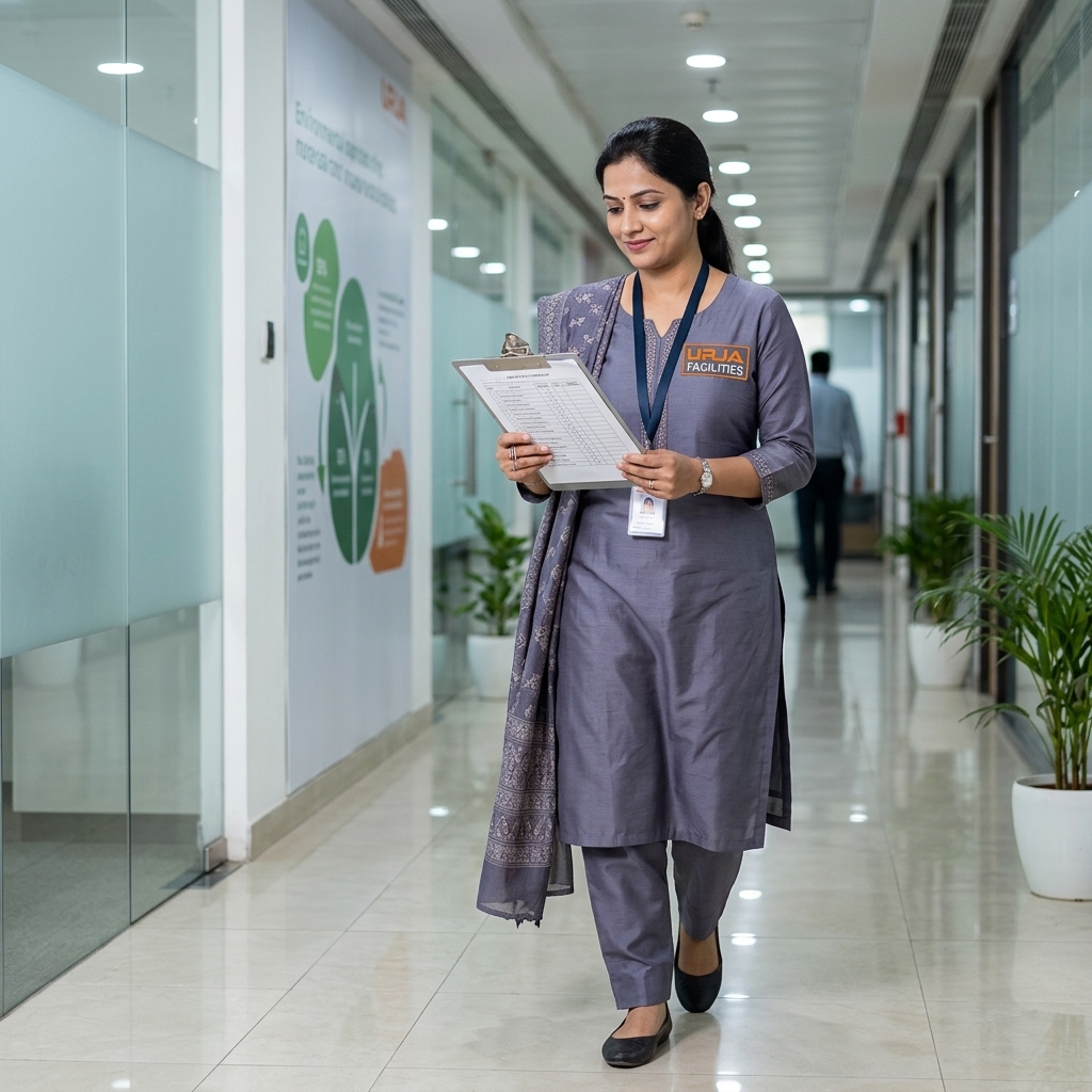 Corporate Facility Management Supervisor in branded #606581 salwar suit uniform reviewing checklist, Urja Facility Indore