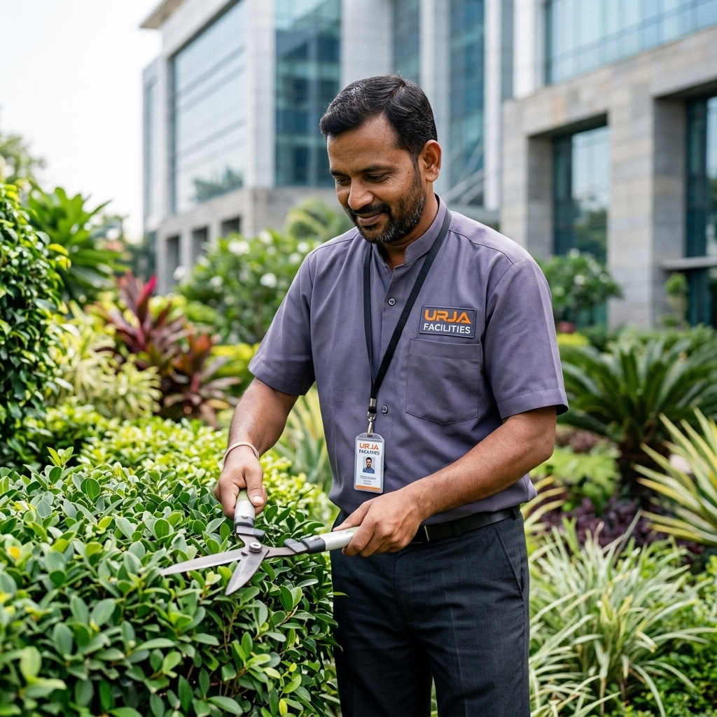 Professional gardener in branded #606581 bandhgala uniform pruning plants for corporate landscaping services, Urja Facility Indore