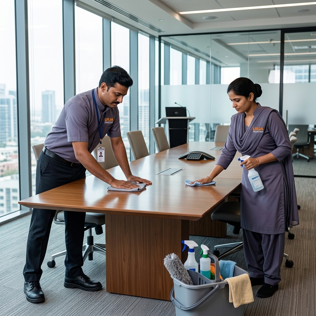 Urja Facility corporate office cleaning team in branded #606581 bandhgala and salwar suit uniforms with URJ logo, Indore