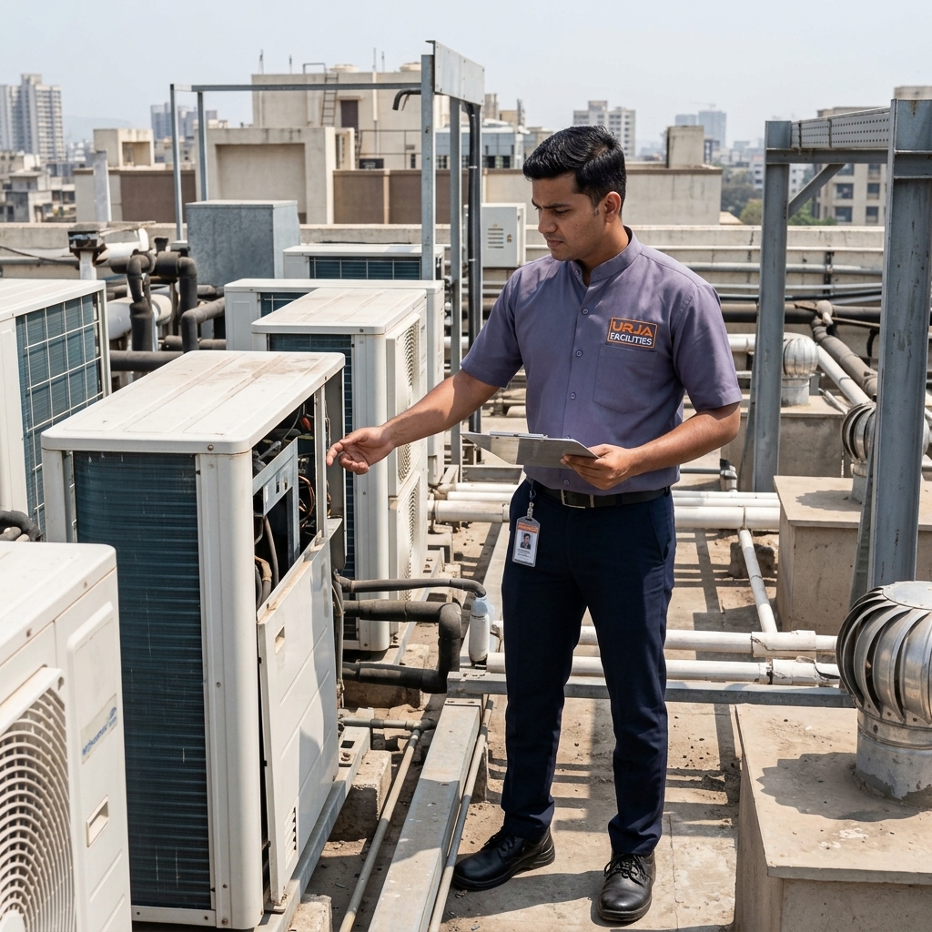 Technical maintenance engineer in branded #606581 bandhgala uniform checking HVAC cooling units, Urja Facility Indore