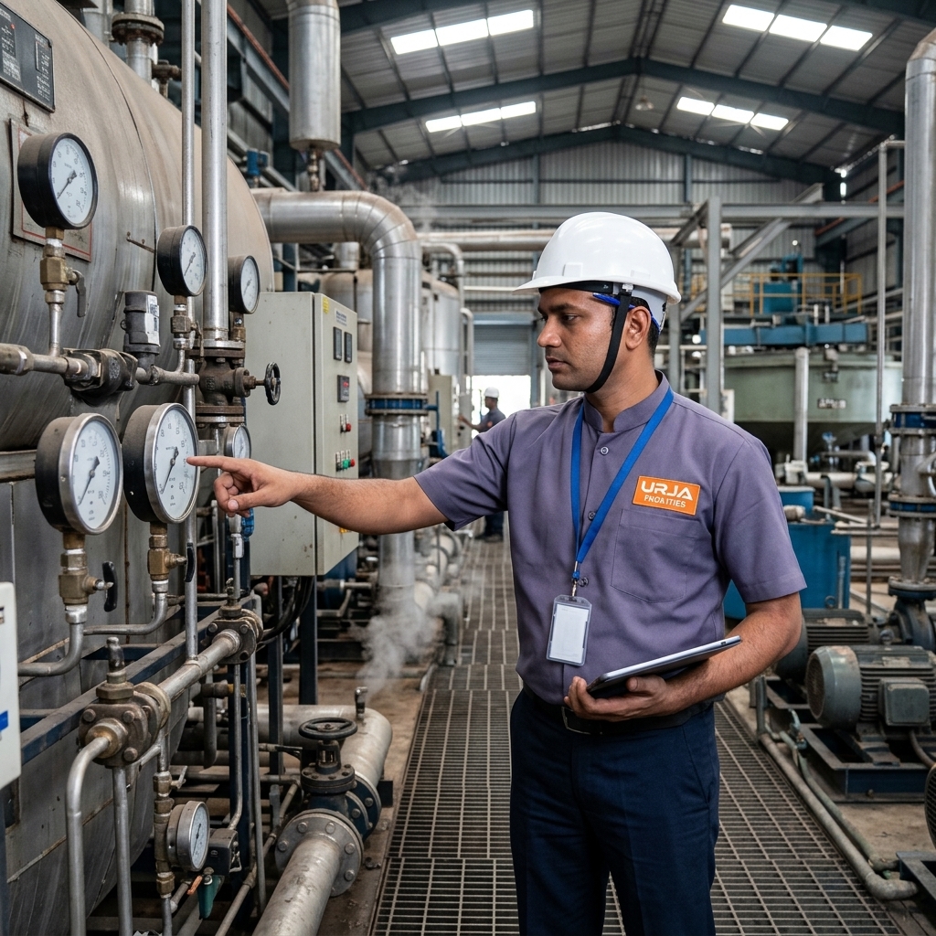 Urja Facility engineer in branded #606581 bandhgala uniform conducting ETP STP RO and boiler maintenance for industrial facility in Indore under AMC